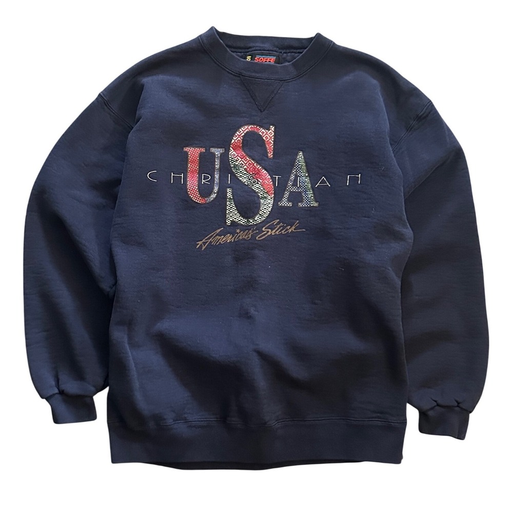 Vintage Soffe USA Christian Americas‎ Stick Hockey Sweatshirt Navy Blue Large